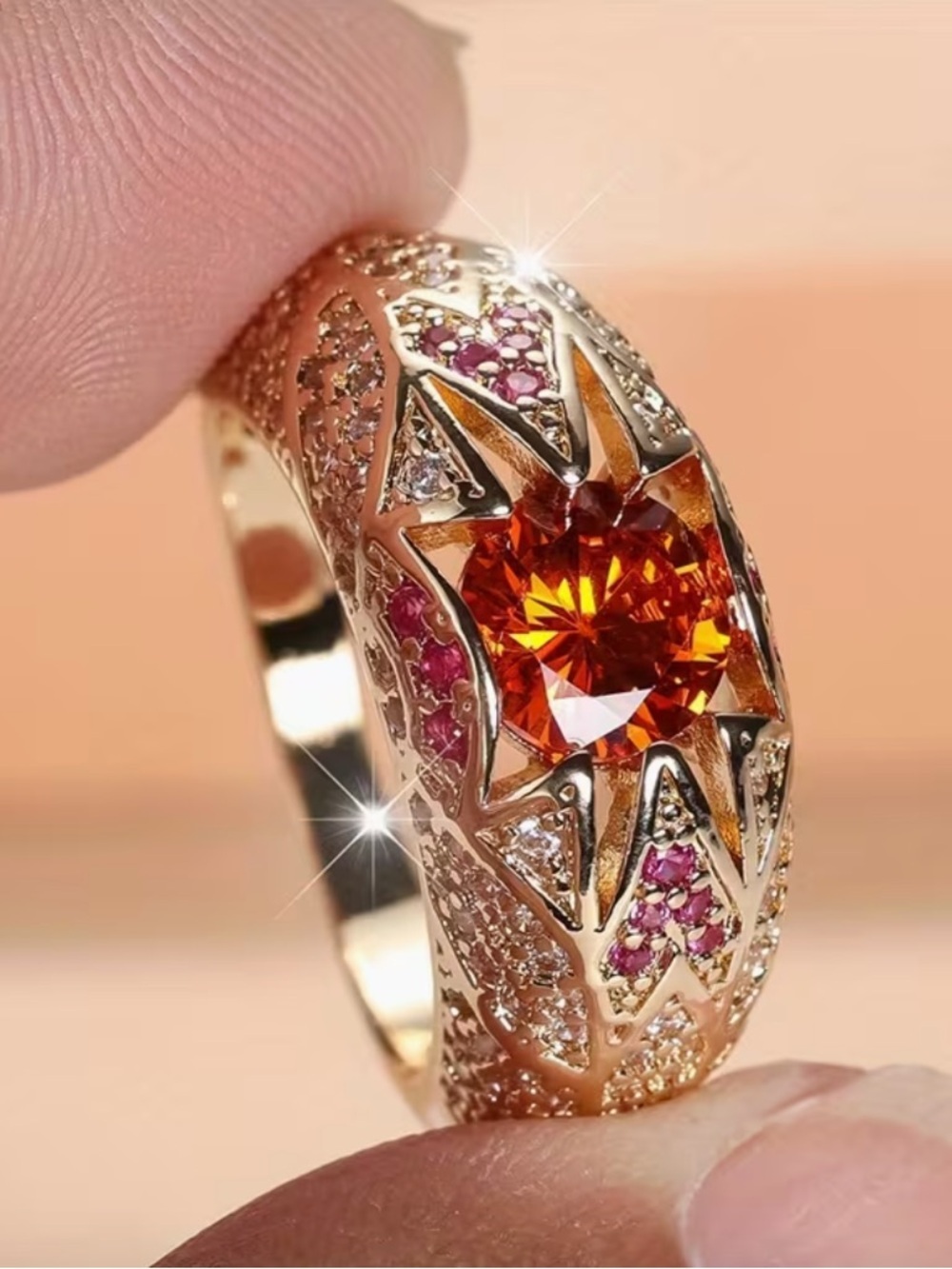 Layered Gold Round Cut Red Stone Ring.